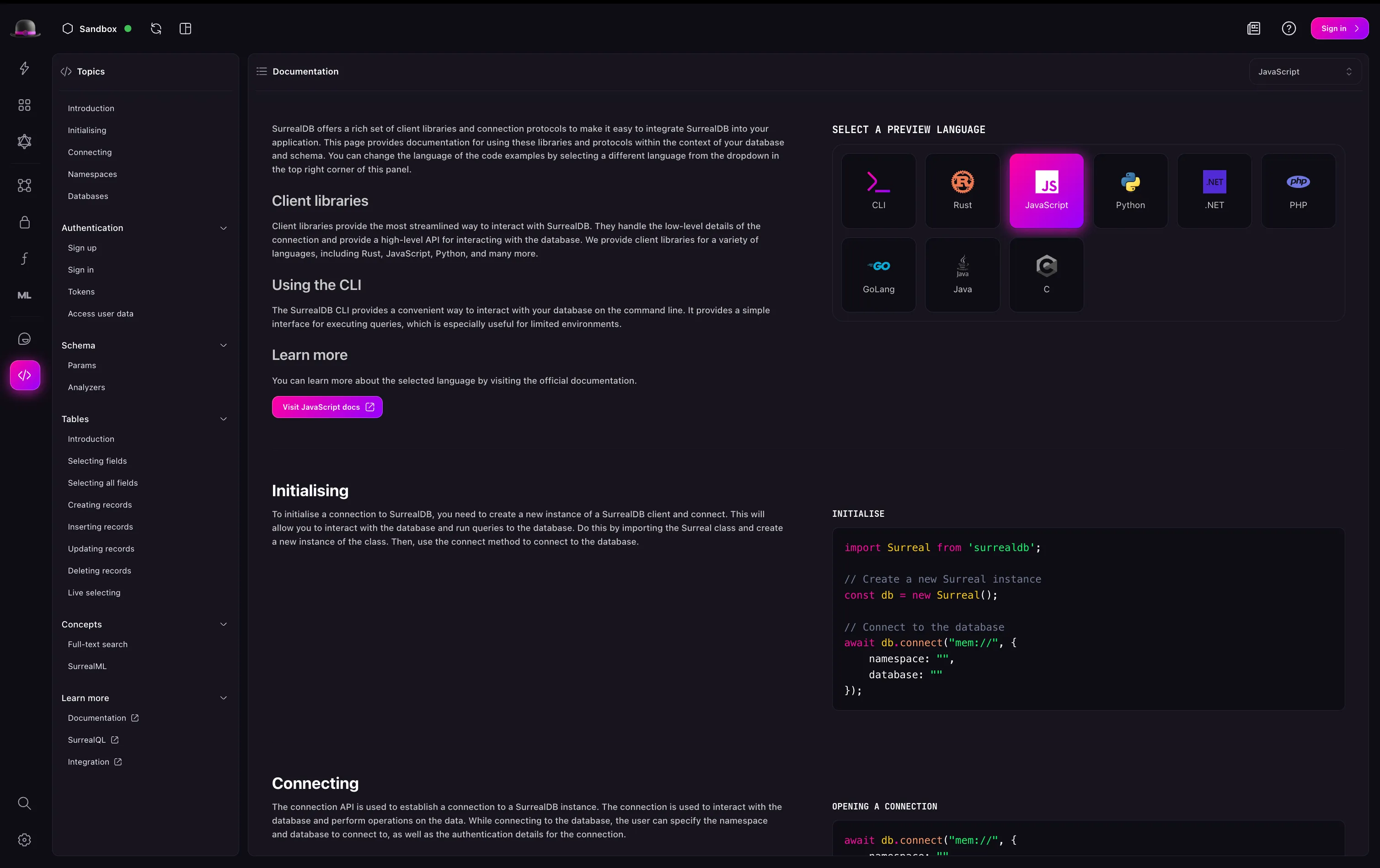 Surrealist API Docs view