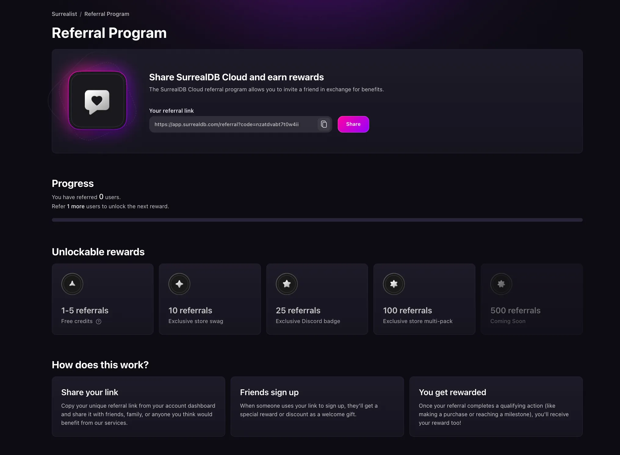 SurrealDB Cloud referrals